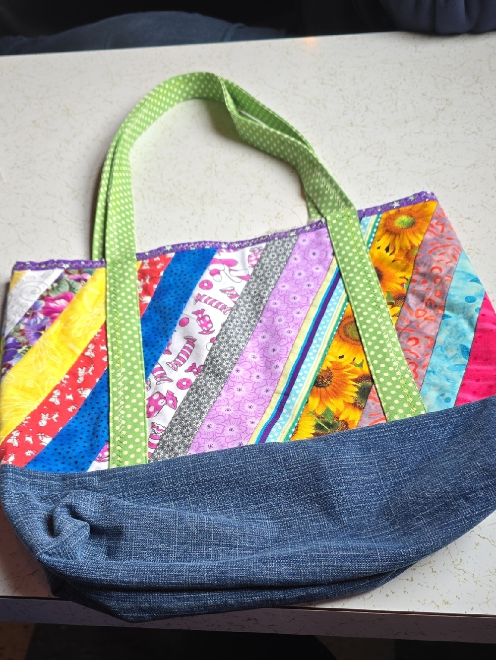 Colorful Patchwork Tote Bag with Green Polka Dot Straps Newfoundland Hand Made.